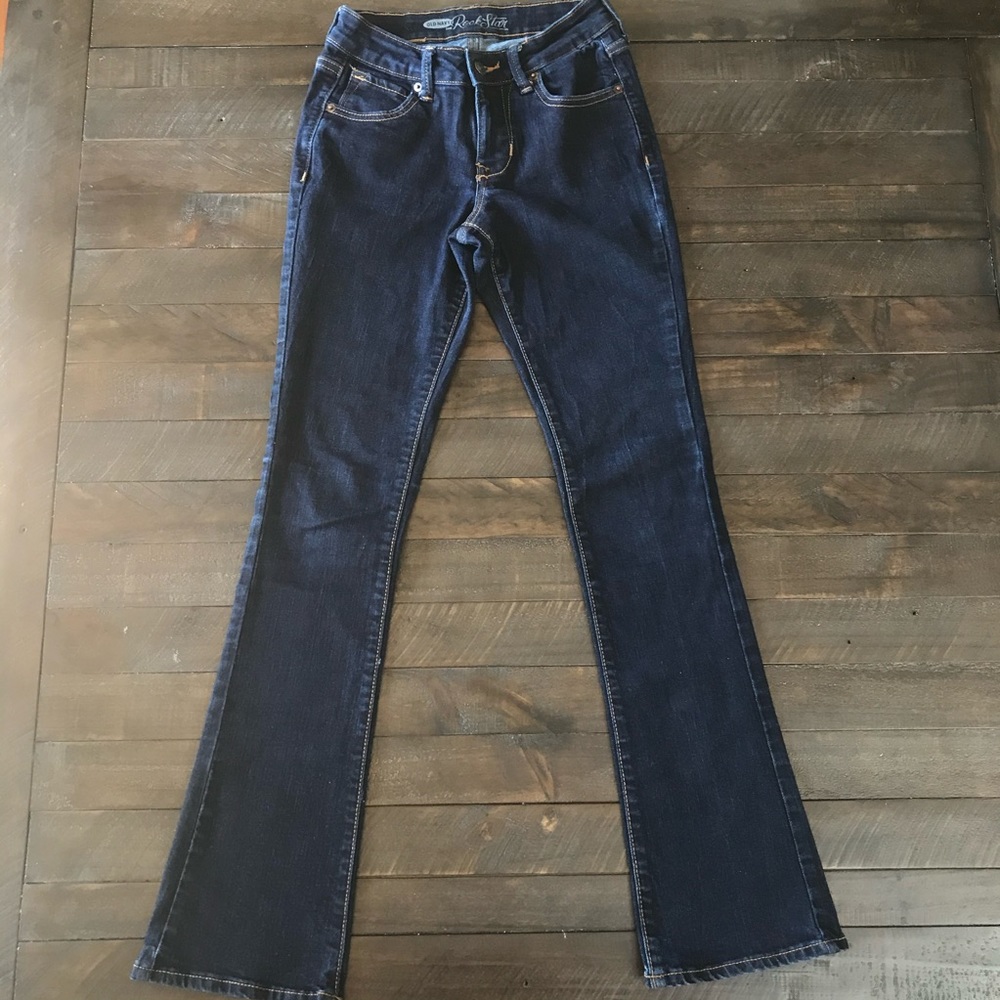 OLDNAVY ROCKSTAR DARKWASH FLARE JEANS-SHORT LENGTH